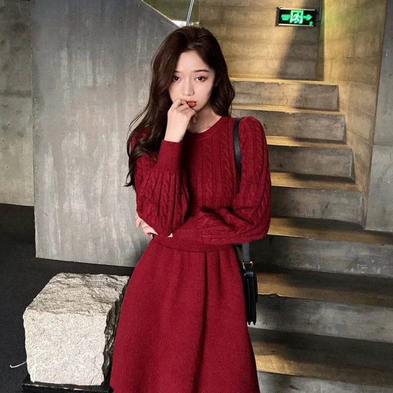 Koisoon Women Sweater Long Sleeve Dresses Autumn Winter Knitted Patchwork Slim O Neck Elegant Solid Color New Year Pullover Dresses