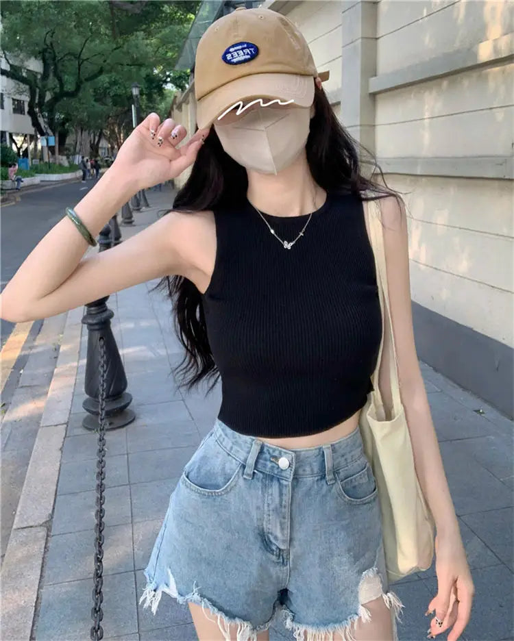 Koisoon Slim Navel Short Knit Vest Summer Slim Small Camisole Bottom Sleeveless Tops Women Sexy