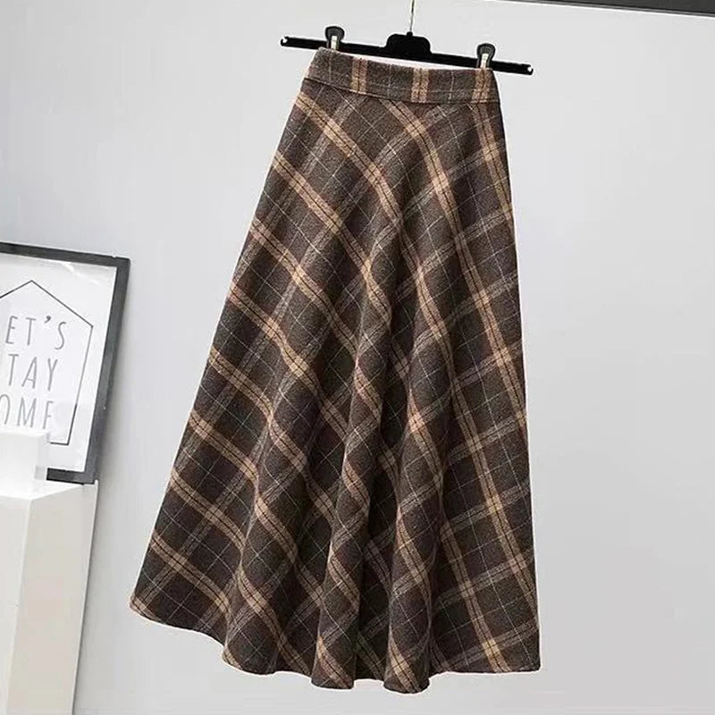 Koisoon Autumn Winter Woolen Skirt Women Korean Style Thick High Waist Long Skirt Woman A Line Pleated Plaid Skirt Female