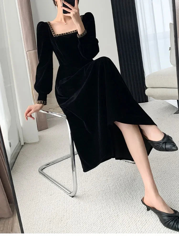 Koisoon New French Vintage Elegant Dresses for Women Long Sleeve Streetwear Office Lady Solid Square Collar New Autumn Winte Dress