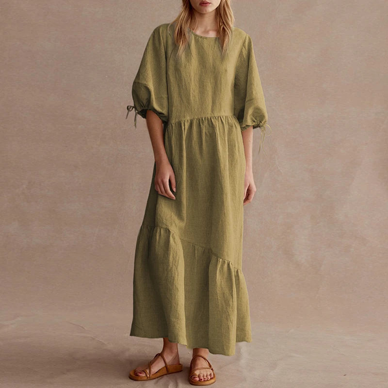 Koisoon Newly French Vintage Elegant Cotton Linen Lantern Sleeve Women Dresses 2023 Summer Casual Solid Tie Loose Maxi Female Dress