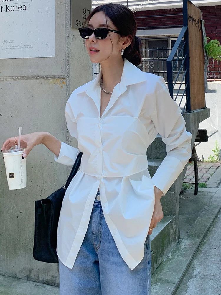 Koisoon Women Lapel White Bow Blouses Office Ladies Long Sleeve Single-breasted Loose Female Shirts Spring  Summer 2024