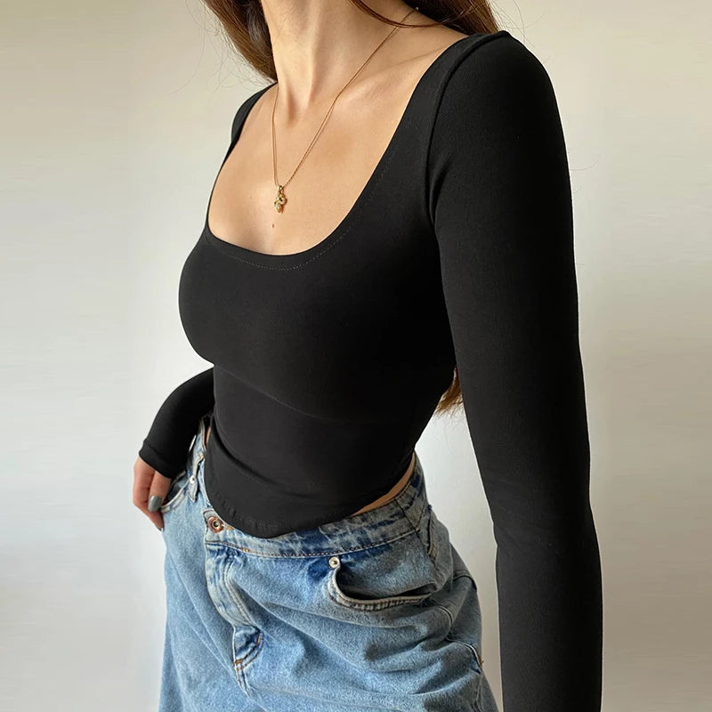 Koisoon Square Collar Long Sleeve Casual Women T Shirts Green Autumn Skinny Sexy Solid Basic Crop Tops Fashion Streetwear