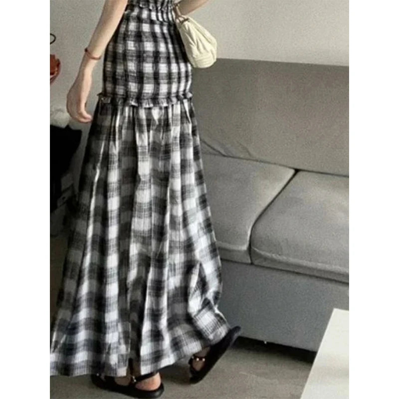 Koisoon Vintage Plaid Dress Women Sexy Slit Strapless Irregular A Line Midi Dresses Korean Split Slash Neck Slim Sundress Vestidos