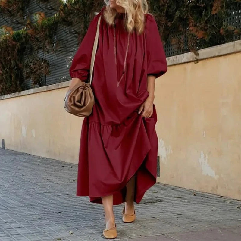 Koisoon 2024 Spring Fashion O-neck Pleated Long Dress Women Casual Solid Loose Boho Maxi Dress Autumn Lantern Long Sleeve Female Dresses