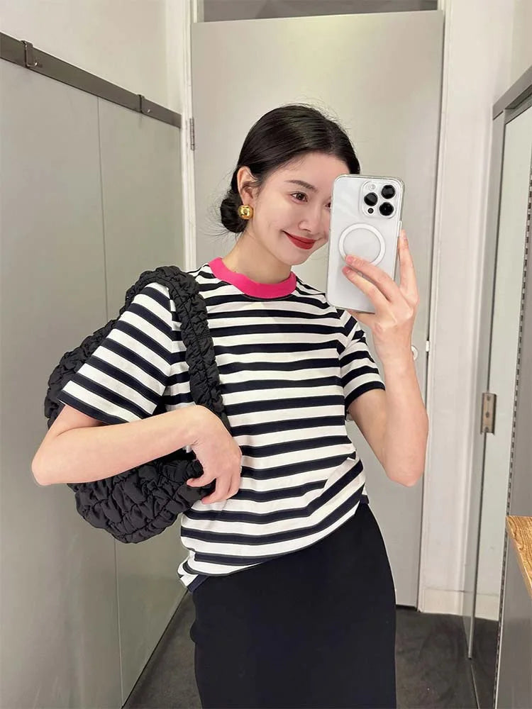 Koisoon Summer Women's T-shirt Black White Stripe O Neck Shirts Top Short Sleeve Lady Stretch Knit Fashion Casual Cotton Tees for Women