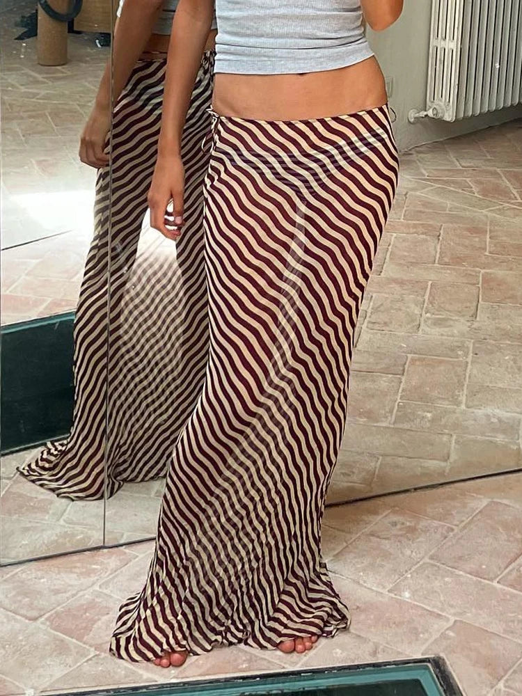 Koisoon Waves Striped Skirts Women Sexy See Through Chiffon Long Skirts Summer Fashion High Waist Holidays Party Beach Skirts 2024