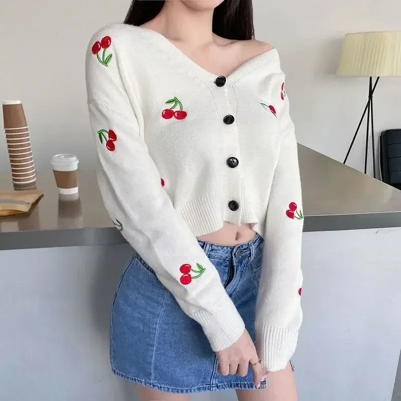 Koisoon V Neck Cropped Cardigan Embroidered Cherry Sweater Feminino Kawaii Long Sleeve Top Pull Femme Y2k Sueter Mujer Knit Coat