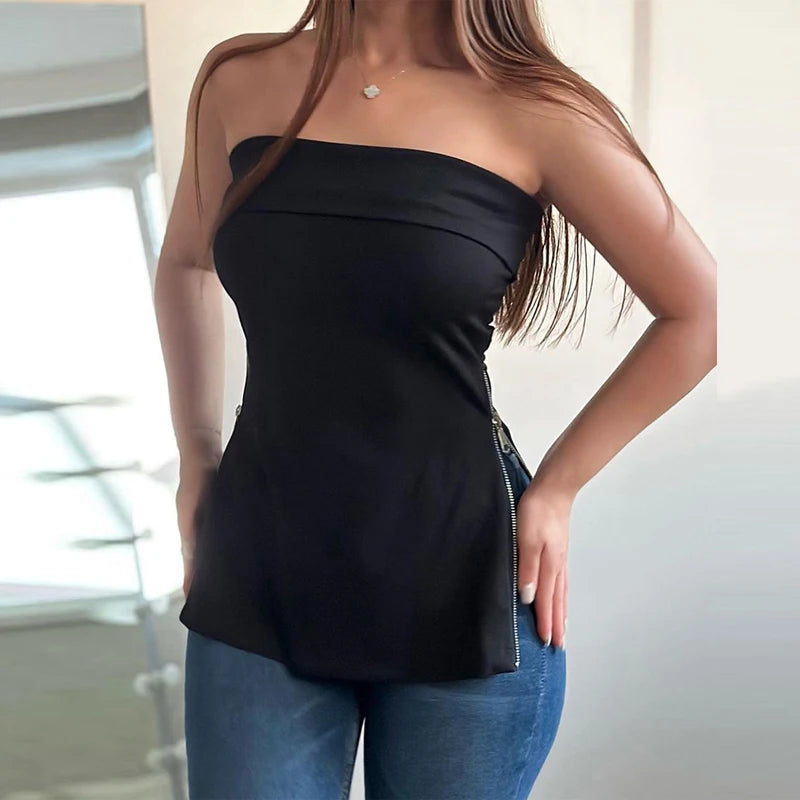 Koisoon Sexy Strapless Draped Women T-shirts 2024 Spring Fashion Both Side Zip-up Tops Pullover Summer Off Shoulder Backless Hollow Tees