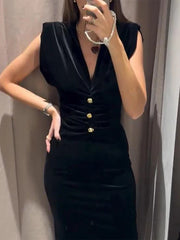 Koisoon Elegant Velvet Midi Dress Women Sexy V Neck Single Breasted Pleated Female Party Dresses 2025 Sleeveless Slim Split Lady Robe