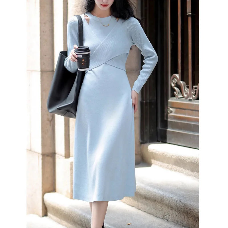 Koisoon Woman Kintted Bodycon Dress Fashion Cross Long Sleeve Hip Wrapping Slim Long Dresses New Autumn Female Elegant Commute Robe