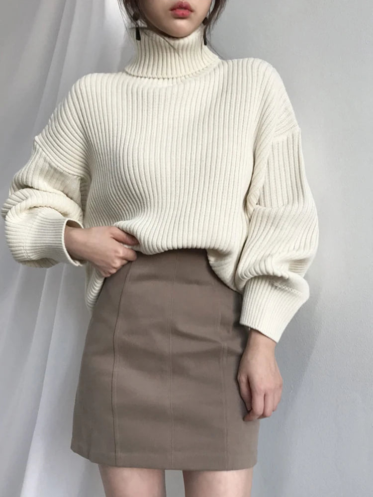 Koisoon Korean Simple Turtleneck Sweaters Women Lazy Wind Loose Long Sleeve Office Lady Knitted Pullovers Solid Vintage Autumn Tops