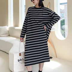 Koisoon Korean Fashion Women Oversized Black Gray Striped Dress Spring Autumn New Versatile Casual Side Slit Loose Long Sleeve Dresses