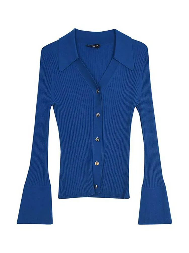 Koisoon Spring Women's Cardigans Korean Fashion Solid klein blue Knitted Blouses Polo Collar Long Sleeved SlimCasual Thin Cardigan Women