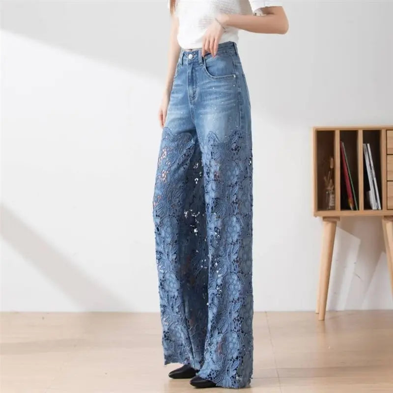 Koisoon Fashion Women's Jeans 2024 New Summer High-Waist Openwork Lace Stitching Denim Wide-Leg Pants Female Straight Trousers