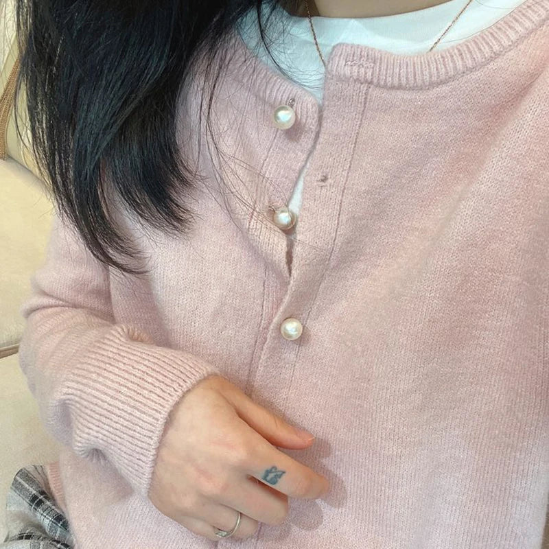 Koisoon Sweet Pink Knitted Sweater Women Korean O-Neck Long Sleeve Knit Cardigan Woman 2024 Button Up Solid Color Jumper Female