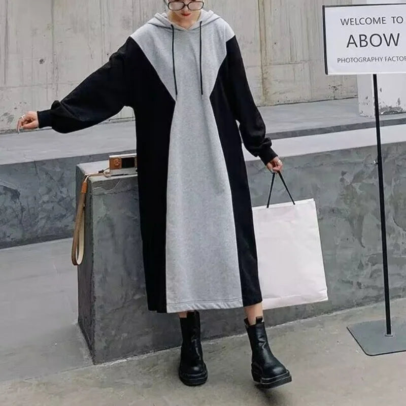 Koisoon Autumn New Loose Color Block Hoodie Dress Drawstring Patchwork Long Sleeve Pregnant Women Casual Versatile Straight Dresses