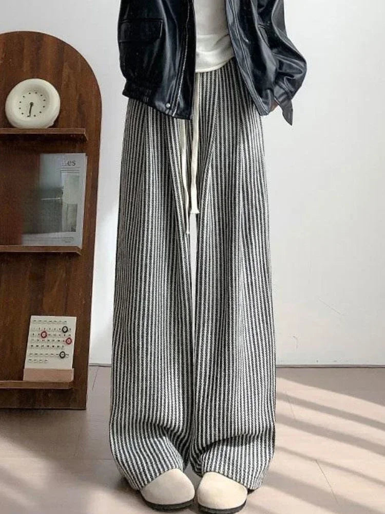 Koisoon Vintage Striped Woolen Pants Women Simple High Waist Autumn Winter Casual Wide Leg Trousers All-match Students Harajuku Mopping