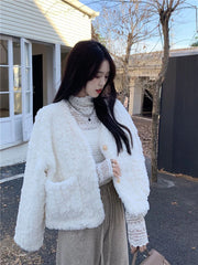 Koisoon Elegant Faux Fur Lamb Coats Women Winter Thick Sweet Korean Jackets Fashion Warm Plush Long Sleeve Casual Buttons Outwear