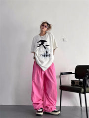 Koisoon American Retro Green Parachute Pants Women Y2K Streetwear Pink Track Trousers Oversized Harajuku Quick Dry Gray Sweatpants