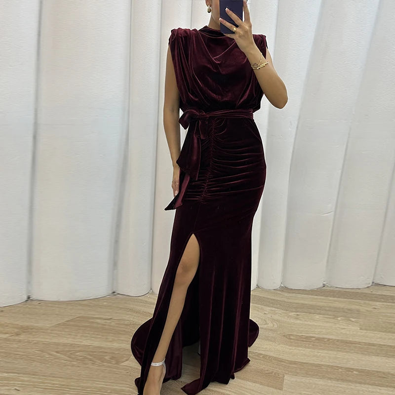 Koisoon Sexy O-neck Sleeveless Soft Velvet Party Dress Women Spring Solid Slim High Slit Draped Long Dress Summer Hollow Mermaid Dresses