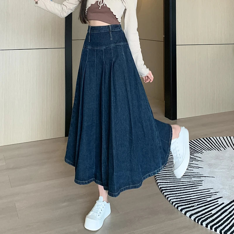 Koisoon Chic Pleated Jeans Skirts 2024 Spring Autumn High Waist Long Washing Ladies Straight Women  Loose Denim Midi Skirts