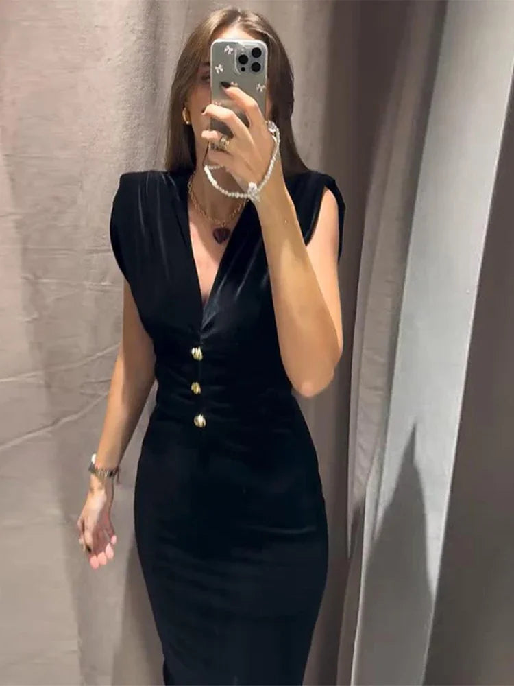 Koisoon Elegant Velvet Midi Dress Women Sexy V Neck Single Breasted Pleated Female Party Dresses 2025 Sleeveless Slim Split Lady Robe