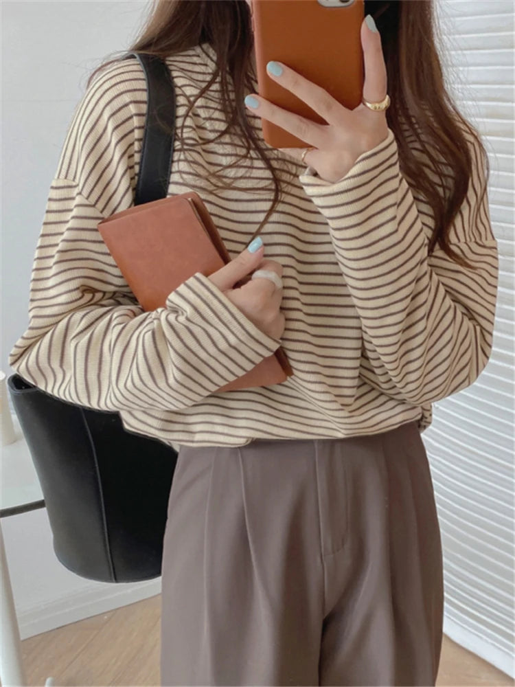 Koisoon Coffee Stripes Cotton T-Shirts Women Loose-Fitting Autumn Hot Sale Lady Casual Full Sleeve Chic All Match Tops