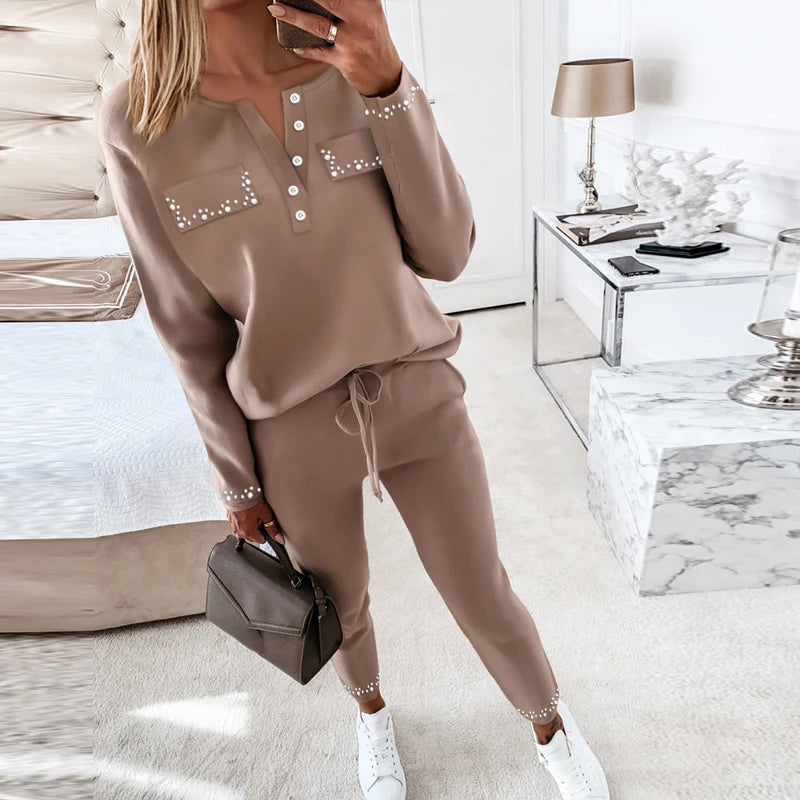 Koisoon Spring Button-up Beading Top Pullover & Sweatpants Outfits Women Casual Sports Tracksuit Autumn Long Sleeve Sweatshirt Suit Sets