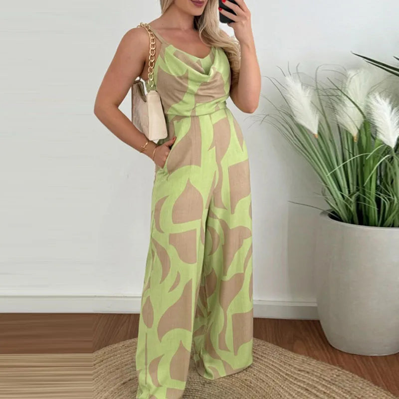 Koisoon Elegant Temperament Printed Long Pants Jumpsuit Women's Casual Pocket High Waist Romper New Summer Fashion V-Neck Slim Playsuits