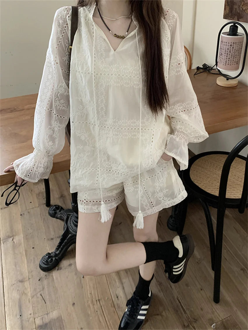 Koisoon White Women Suits Hollow Out Flare Full Sleeve Blouses Summer Office Wear Sweet Casual New OL Wide Leg Loose Shorts