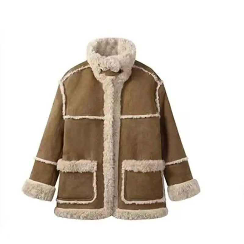 Koisoon Winter Warm Overcoats Women Outwear Casual Y2k Office Lady Vintage Faux Fur Wool Coat Ladies Korean Fashion Khaki Jackets Chic