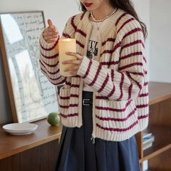 Koisoon Loose Knitted Cardigan Autumn Winter Women French Striped Lazy Sweater Cardigans Female Soft Zipper Big Pocket Knit Coat - green / One Size