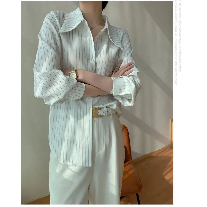 Koisoon White Stripe Long Sleeve Shirt Woman Office Ladies Basic Blouses Old Money Style Korean Fashion Summer Loose  Aesthetic