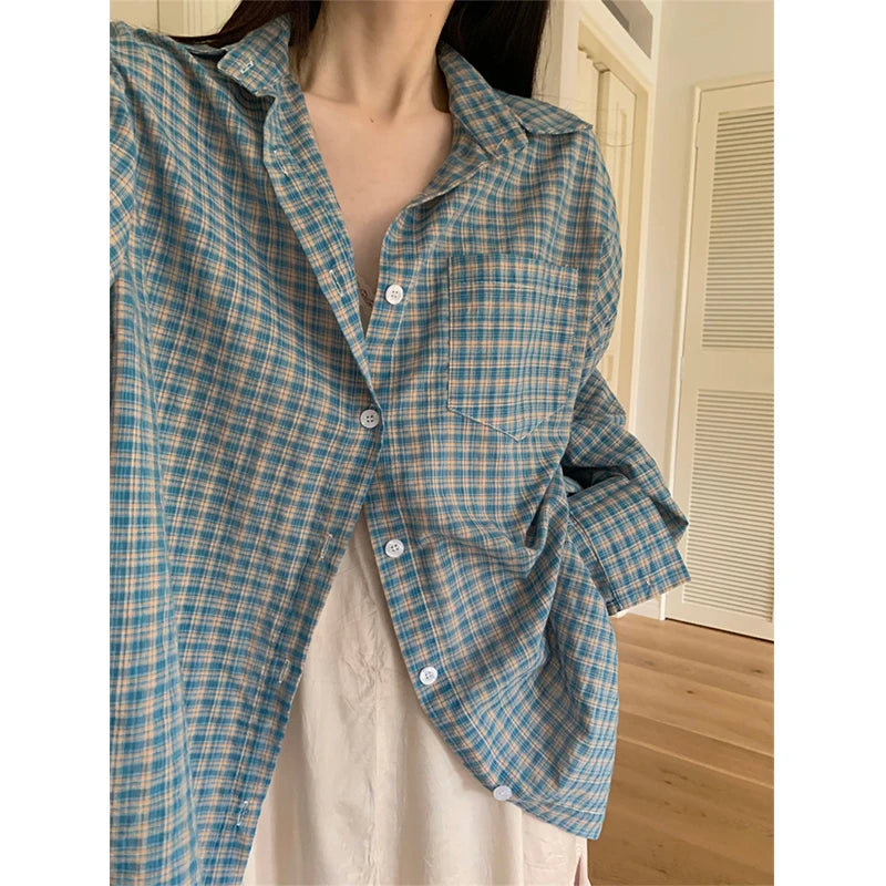 Koisoon Harajuku Plaid Sun Proof Shirts Women Streetwear Oversized Long Sleeve Blouses Summer Korean Fashion Loose Sun Protection Tops