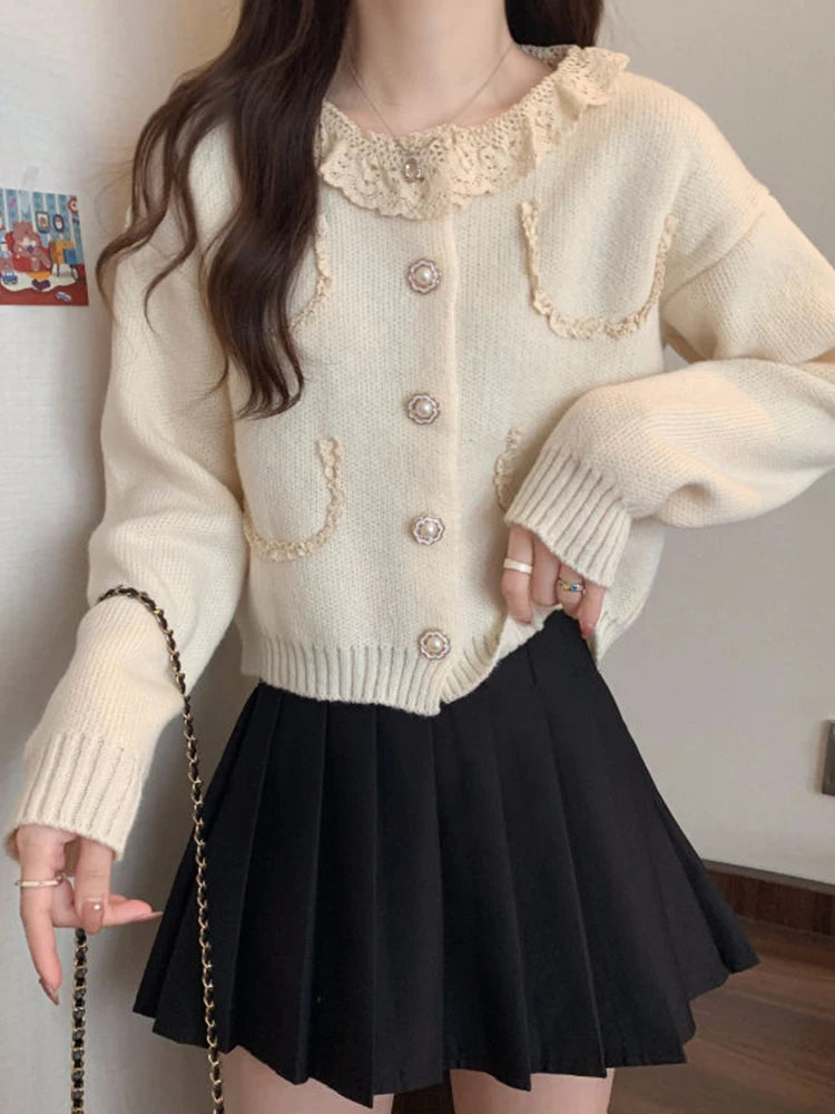 Koisoon Lace Patchwork Women Cardigan Sweet Long Sleeve Japan Knitted Sweaters Elegant Casual Loose Solid Design Female Outwear