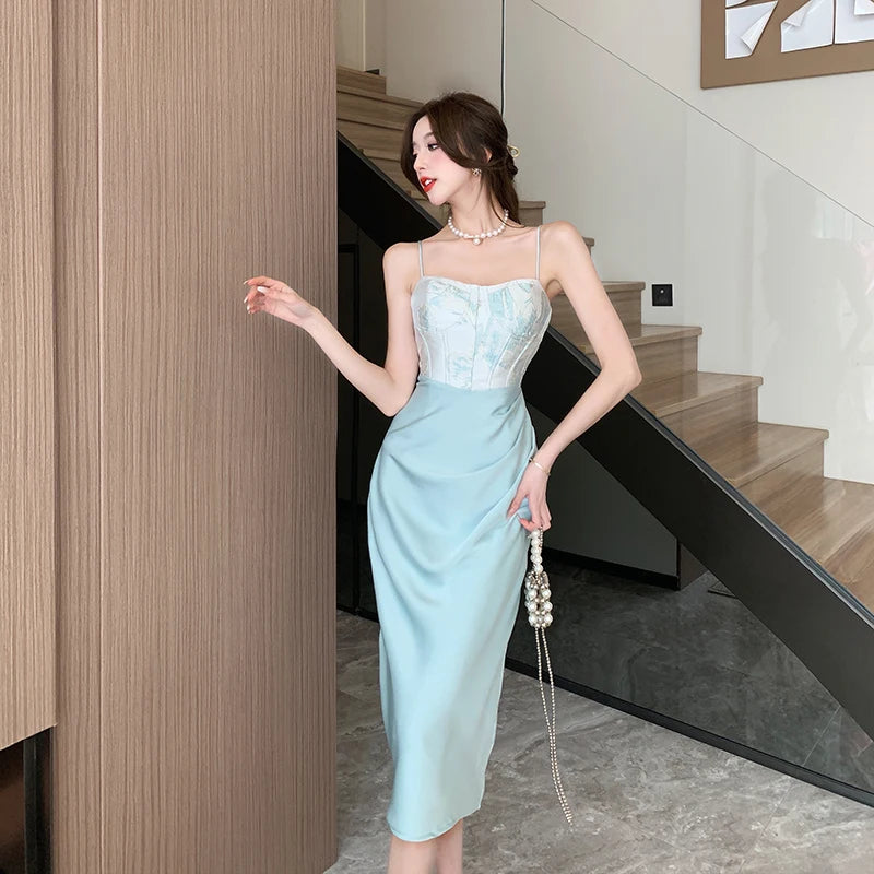 Koisoon Sexy Backless Midi Dresses for Women Summer Elegant Party Prom Suspender Female Clothes Vestidos Satin Embroidery Evening Dress