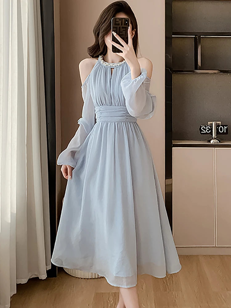 Koisoon Women Blue Chiffon Off Shoulder Sexy Long Dress Spring Elegant Chic Diamonds Casual Dress 2024 Korean Fashion Bodycon Prom Dress