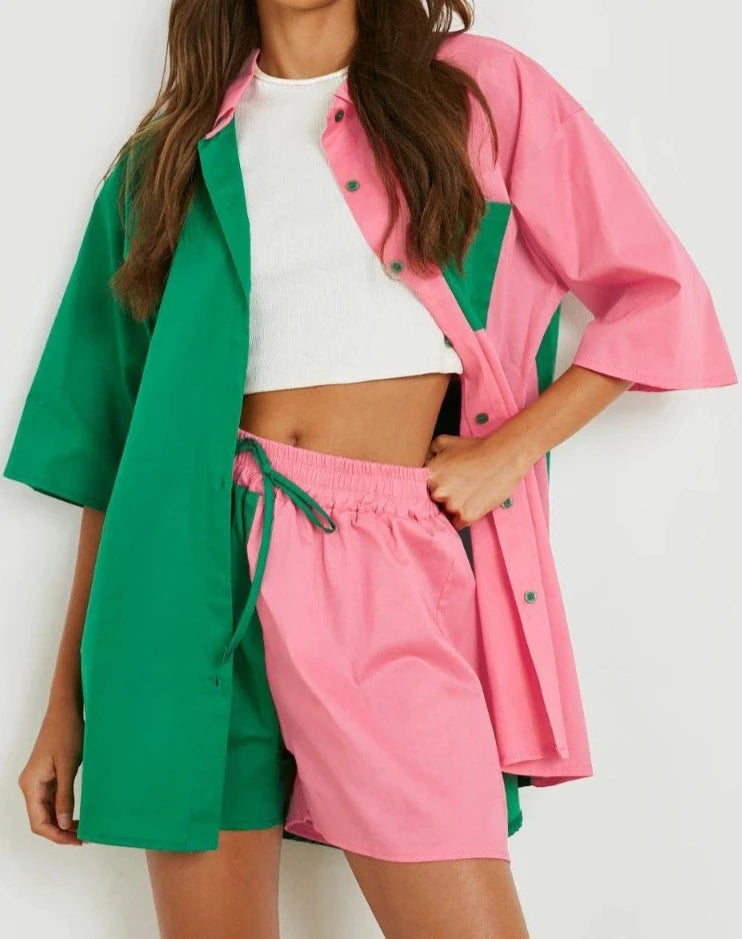 Koisoon Fashion Cotton Women Two Piece Short Sets Summer Spliced Green Pink Oversized Shirt + Shorts 2 Pieces Suit Set