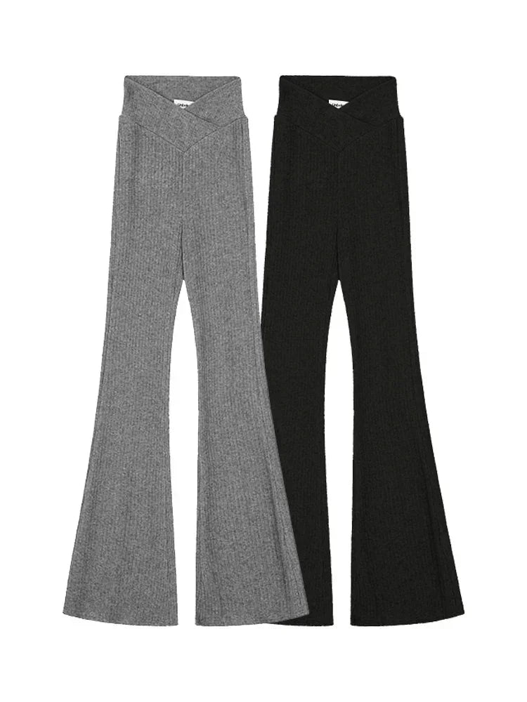 Koisoon Y2K Vintage Gray Flare Pants Women Korean Fashion Basic Black Flared leggings Harajuku Retro Crossover Casual Sweatpants