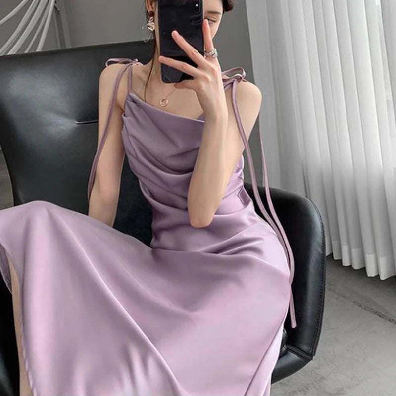 Koisoon Elegant Pleated Satin Midi Dress Women Sexy Silk Straps Lace Up Long Dresses Woman Chic Purple Party Dress Female