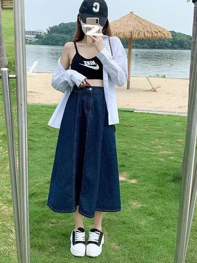 Koisoon Korean Women Denim Skirts Elastic High Waist A Line Jeans Long Skirts Blue Plus Size Cotton Female Skirts New 5Xl