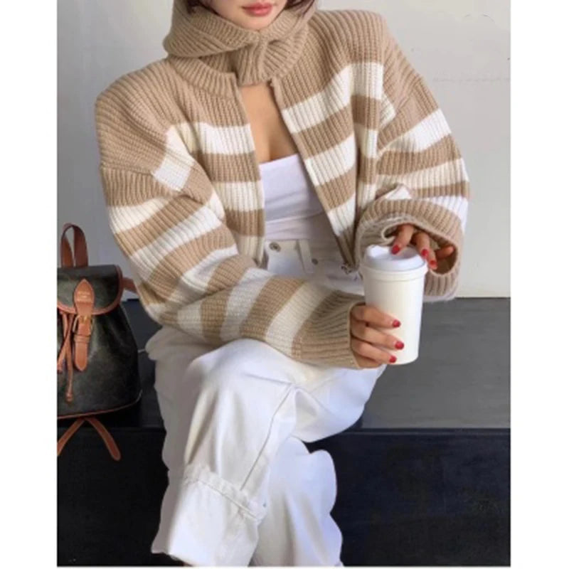 Koisoon Autumn Women Cardigan Sweater Fashion Korean Stripe All Match Loose Knitted Coats Female Zipper Cropped Jacket New