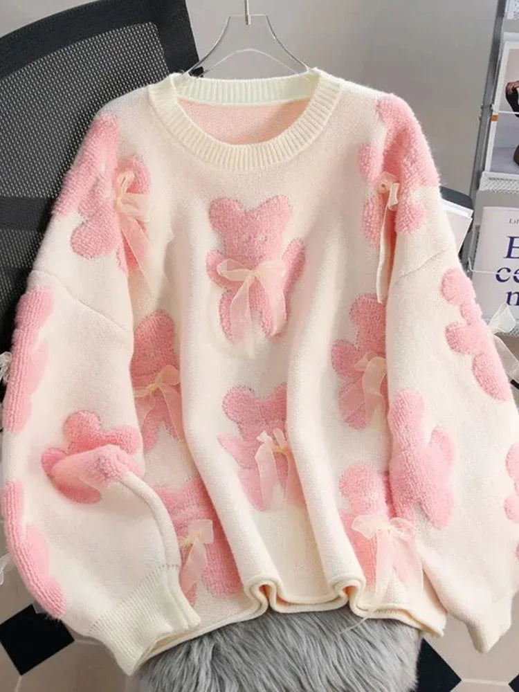 Koisoon Cute Bear Print Sweaters Women Lazy Wind Long Sleeve Bow Knitted Pullovers Korean Fashion Loose Female O Neck Sweet Tops