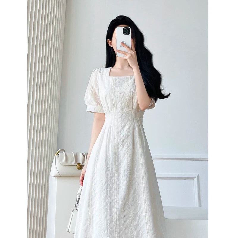 Koisoon Vintage Lace Midi Dresses for Women New Summer French Embroidery Square Neck Short Sleeve Elegant Fashion Female Clothes