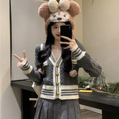 Koisoon Kawaii Korean Style Cardigan Women Elegant Sweet Knitted Sweater Cute Patchwork Casual Autumn Winter Cardigan Sweaters