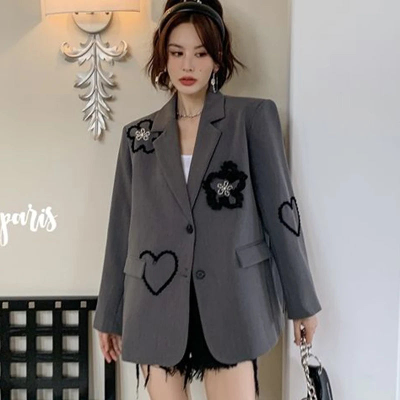 Koisoon Korean Women Suits Coats Fashion Designed Flower Love Embroidery Outwear Casual All Match Female Loose Jacket Autumn New