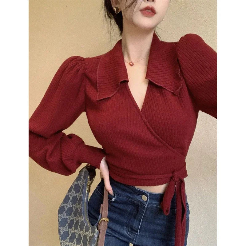 Koisoon Vintage Cropped Sweater Women Bandage Knitted Pullovers Streetwear Korean Lantern Sleeve Knitwear Elegant Bodycon Jumpers