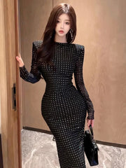 Koisoon Sexy Dresses Women Bandage Sequins Slim Long Sleeve Temperament Stretch Elegant Party Dress Ladies Backless Vintage