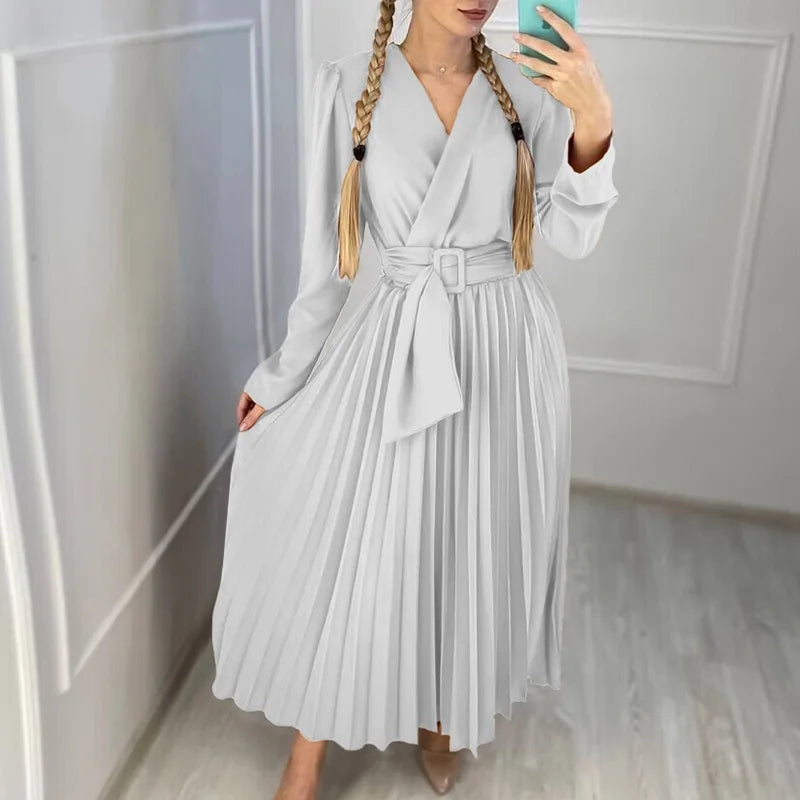 Koisoon Sweet Lady Lace-up Belted Spliced Pleated Dress Spring V-neck Solid Swing Boho Long Dress Autumn Long Sleeve Women Party Dresses